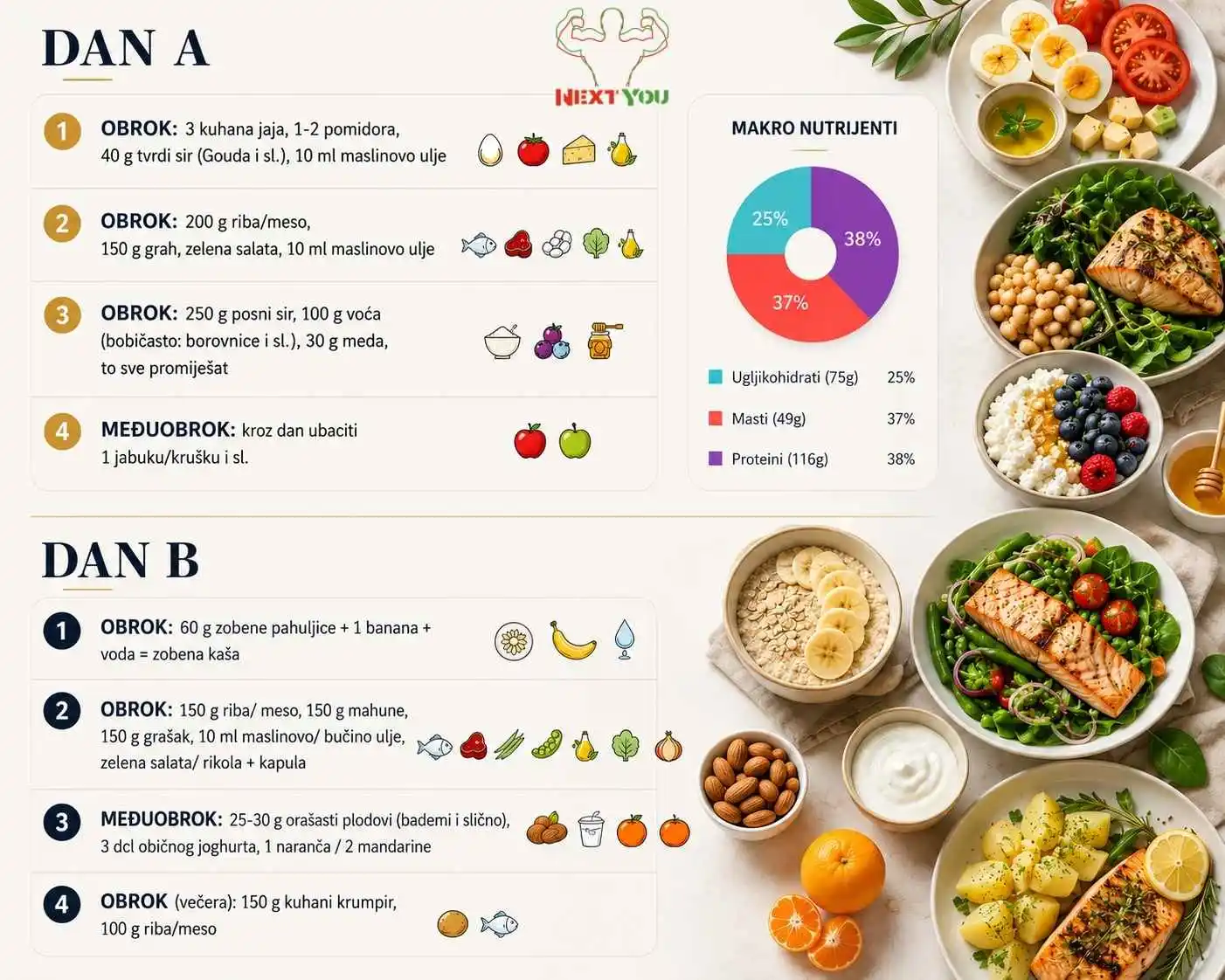 PREHRANA 1 plan prehrane za Dan A i Dan B s obrocima, makronutrijentima i zdravim namirnicama